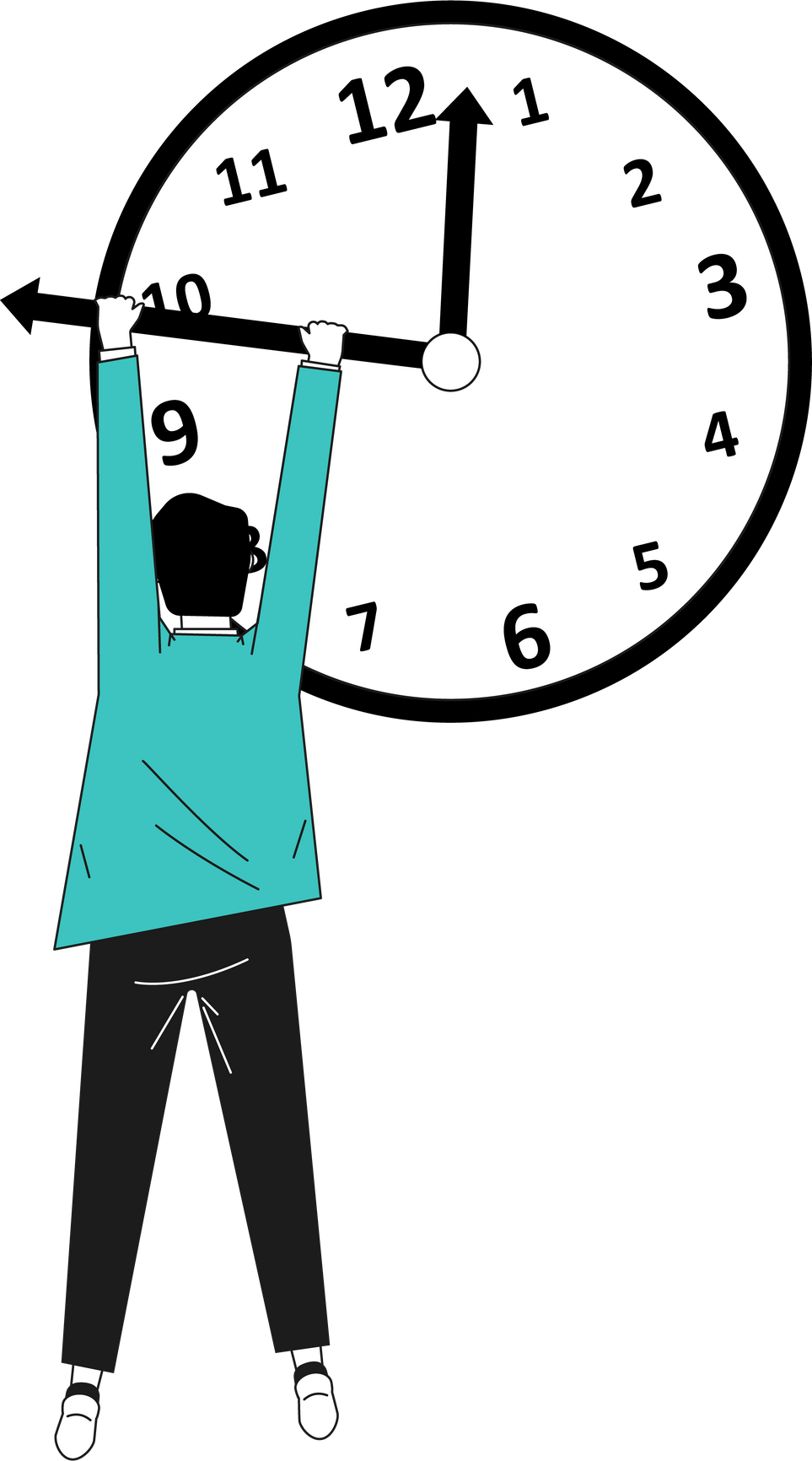 Man trying stop time. Boy holding clock arrow